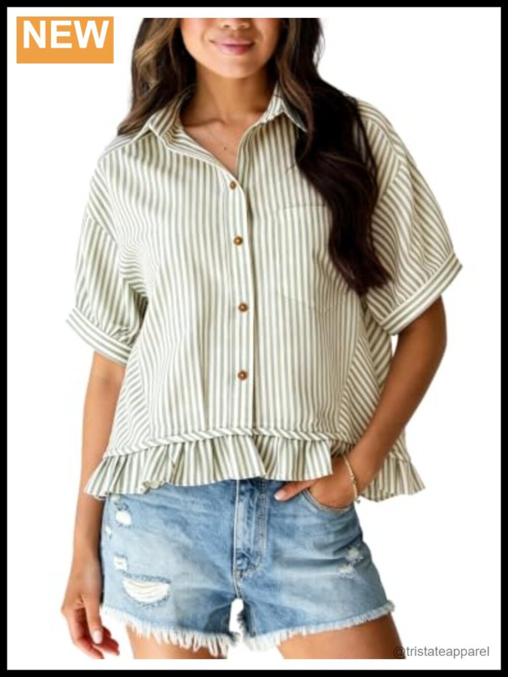 Cropped Striped Button Down Shirt with Ruffled Peplum Hem